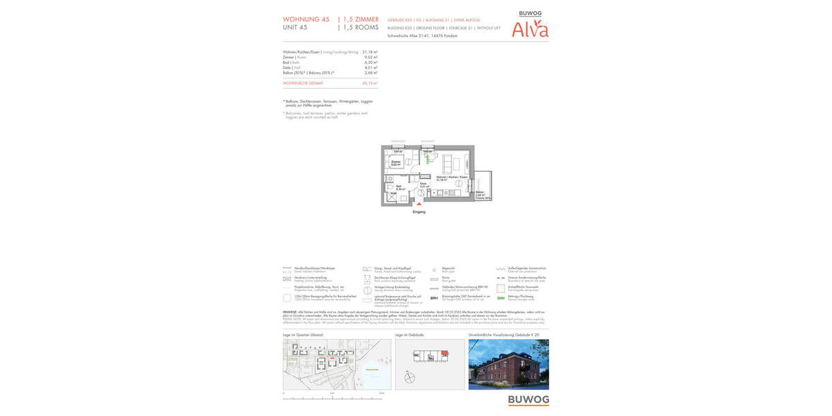 Etagenwohnung Potsdam Krampnitz - 1 Zimmer, 43 m&sup2;, 355.000&euro; | Angebot:20651959