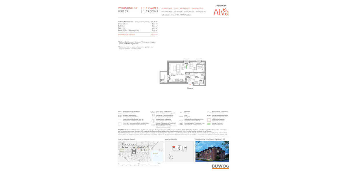 Etagenwohnung Potsdam Krampnitz - 1 Zimmer, 43 m&sup2;, 355.000&euro; | Angebot:25717059