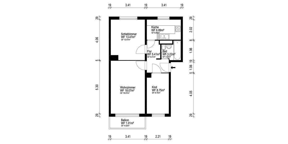 Etagenwohnung Berlin Treptow-Köpenick - 3 Zimmer, 57 m&sup2;, 559&euro; | Angebot:27713912