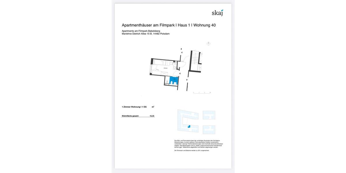 Etagenwohnung Potsdam Babelsberg - 1 Zimmer, 15 m&sup2;, 610&euro; | Angebot:25021641