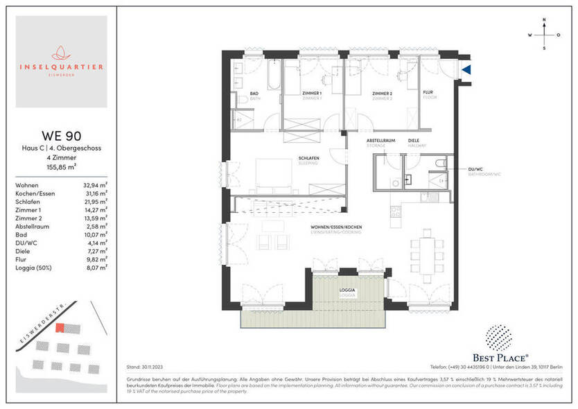 Exklusives Wohnen in einzigartiger Insellage: Neubau-Erstbezug, 4 Zimmer, Loggia & City-Anbindung