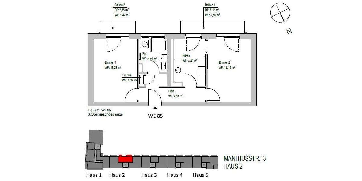 Etagenwohnung Berlin Neukölln - 2 Zimmer, 57 m&sup2;, 499.000&euro; | Angebot:25748507